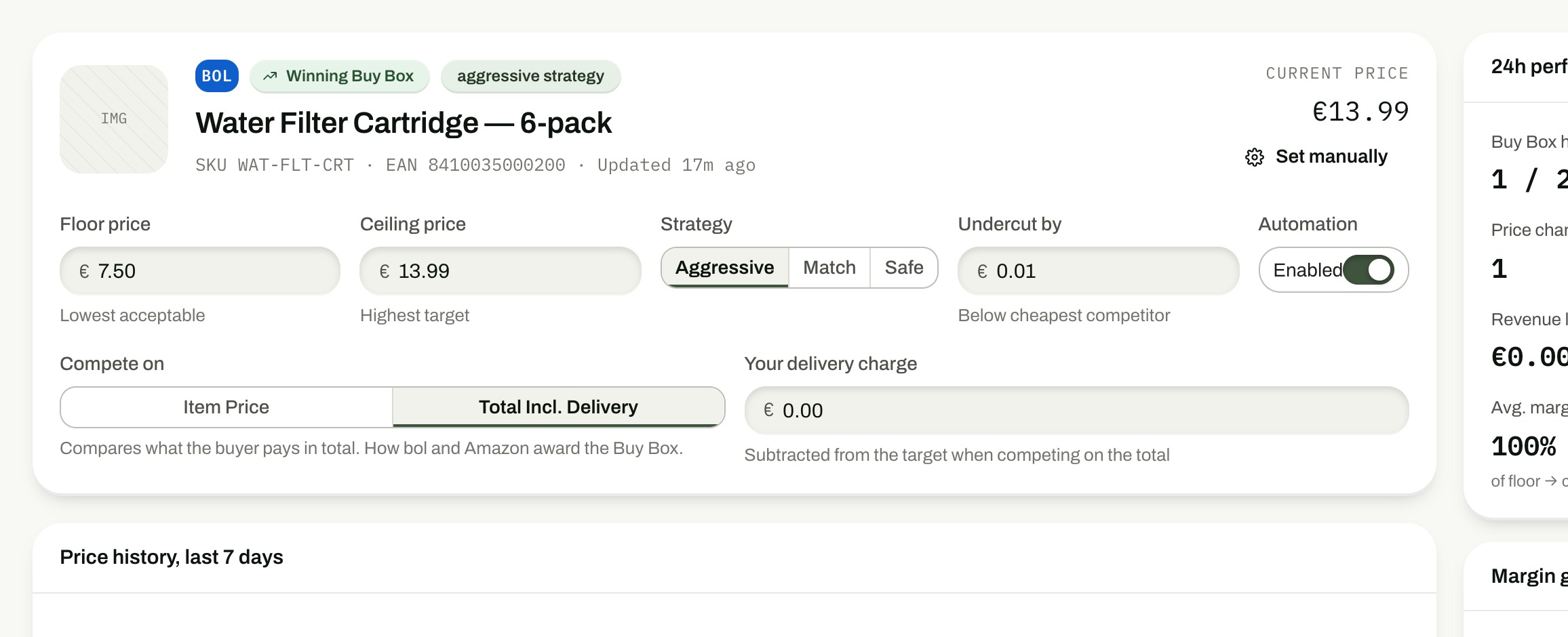 PANOpeak listing detail with margin guardrails: floor price, ceiling price and repricing strategy for a single SKU.